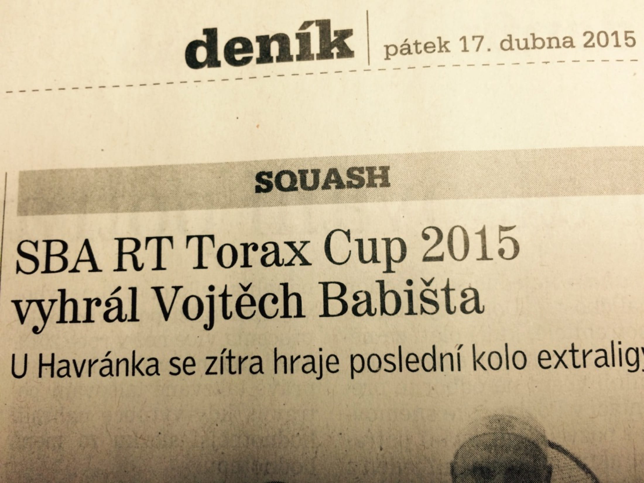 Deník newspaper clipping: SBA RT Torax Cup 2015 won by Vojtech Babista